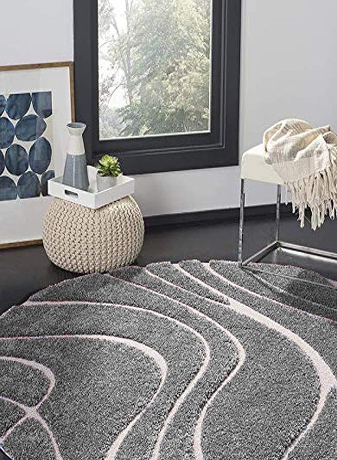 RUGEDGE Gray Geometric Round Shaggy Rug - Fluffy Carpet for Living Room,Bathroom Door mats Anti Slip Circle Area Carpet, Hallway, Kitchen, Circle Area Carpet (4 Ft Round) - Image 2